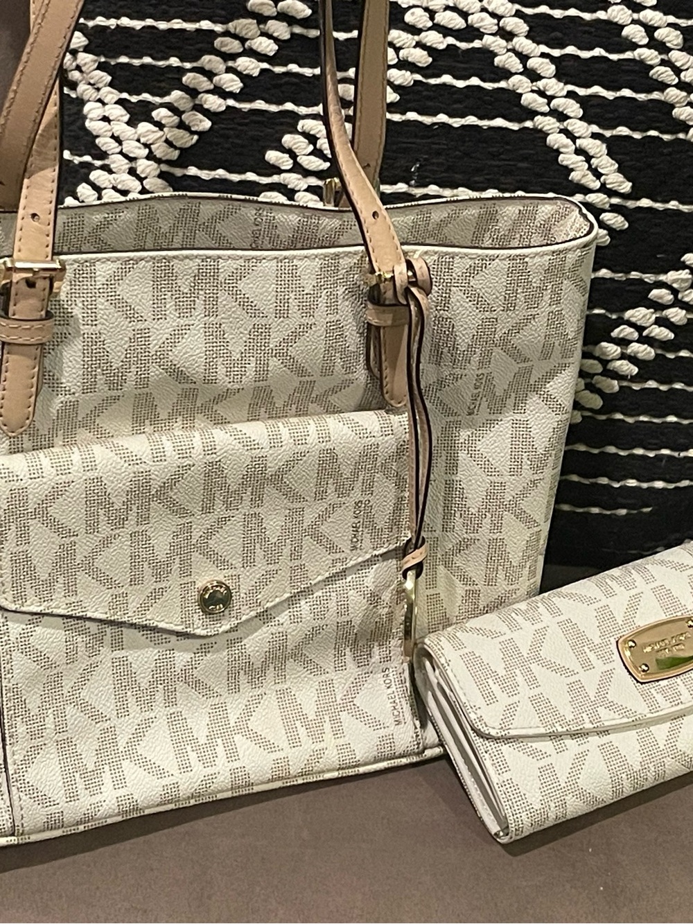Michael Kors Beige and White MK Logo Tote with Matching Wallet